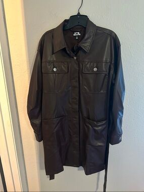 Future Collective Dark Brown Faux Leather Long Sleeve Shirt Dress